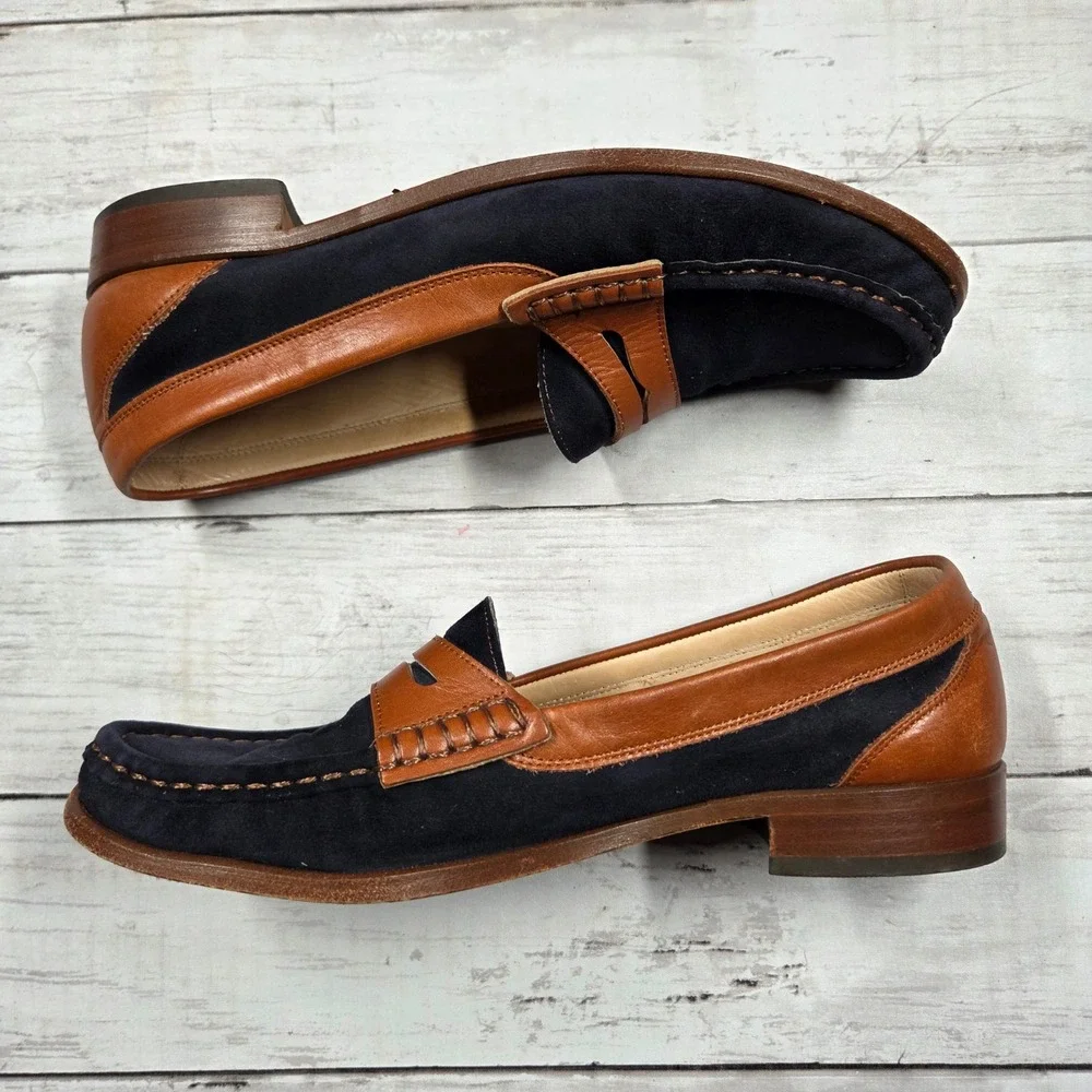 House of Bruar Penny Loafers Men 6 Navy Tan Suede Leather‎ Two Tone Scotland